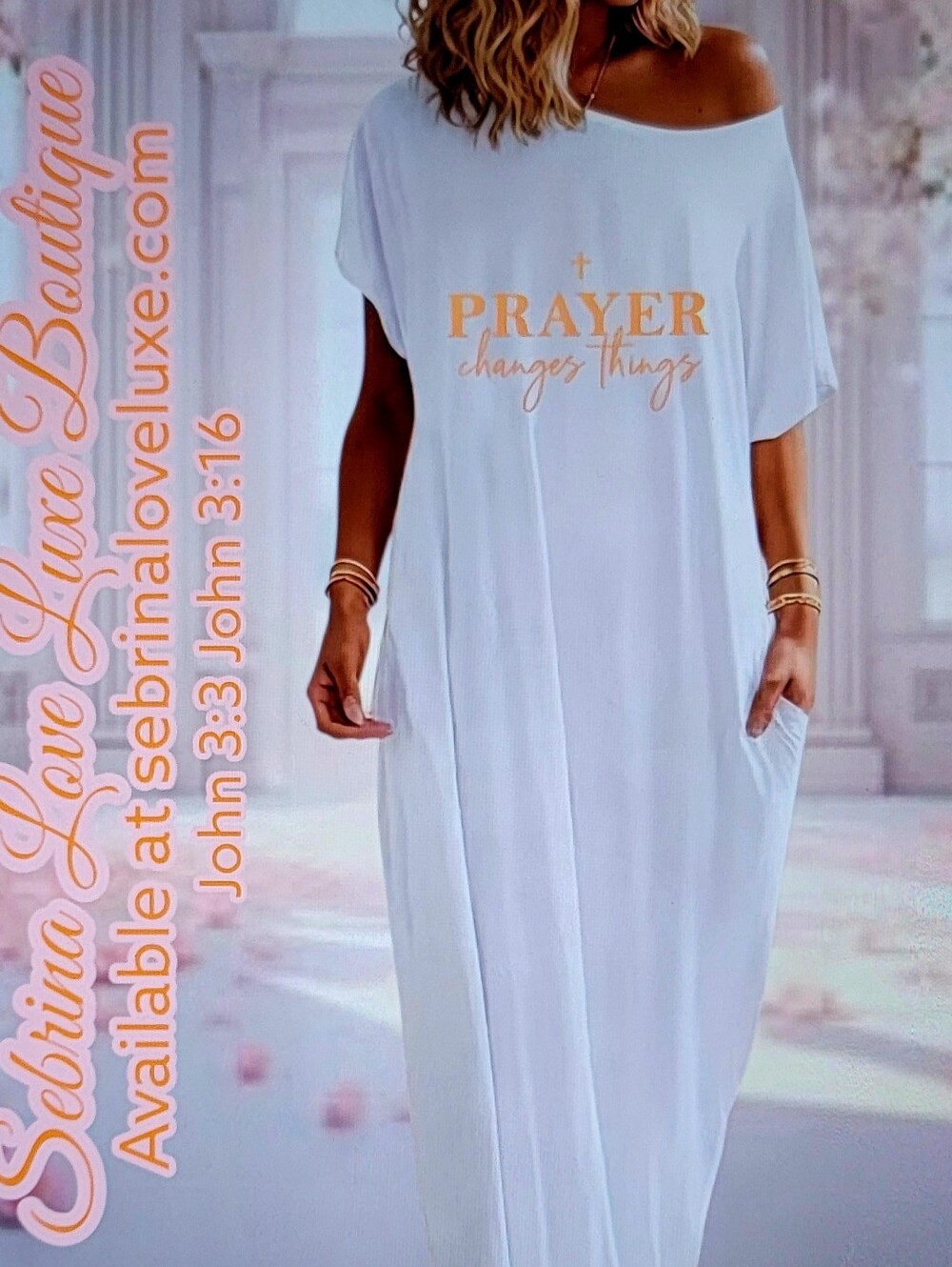 Inspirational White & Gold 🙏PRAYER CHANGES THINGS🙏Graphic Maxi Dress